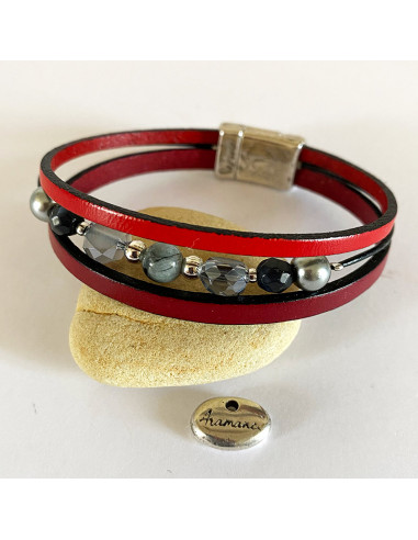 Bracelet cuir, pierres naturelles et perles