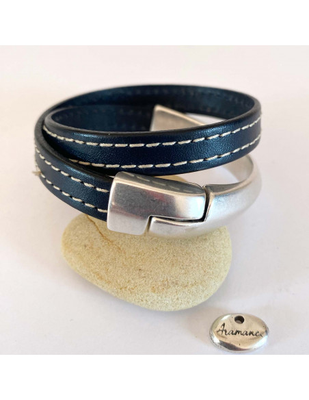 Bracelet demi jonc plaqué argent et cuir