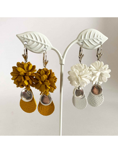 Boucles d'oreilles larme cuir et fleur