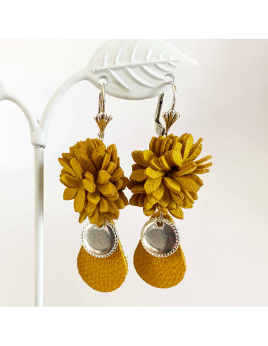Boucles d'oreilles larme cuir et fleur