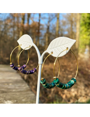 Boucles d'oreilles créoles et pierres de couleur en rondelle