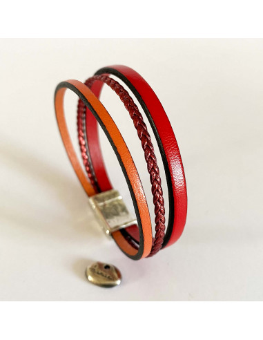 Bracelet cuir rouge, orange et orange tressé sur fermoir magnétique