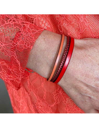 Bracelet cuir rouge et orange sur fermoir