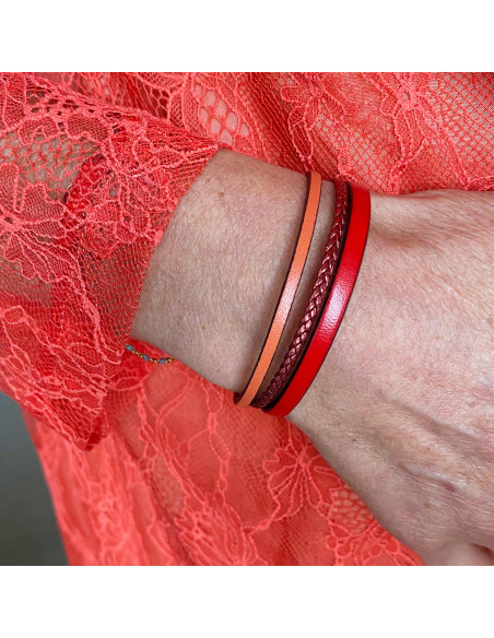Bracelet cuir rouge et orange sur fermoir