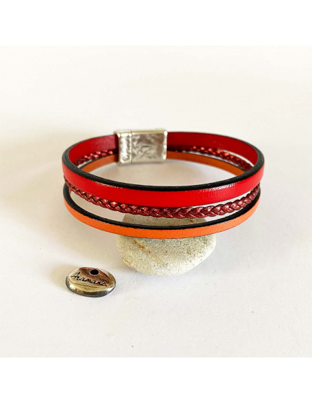 Bracelet cuir rouge et orange sur fermoir
