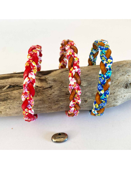 Bracelet cuir et liberty tressé sur fermoir aimanté