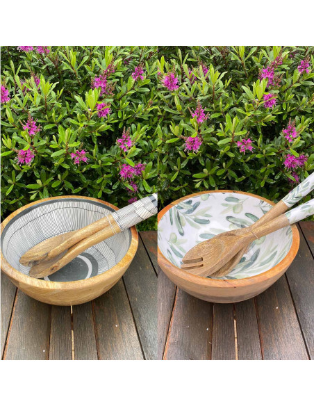 Saladier en manguier avec ses couverts assortis. Intérieur en mélaminé à motifs