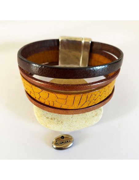 Bracelet cuir multirang motifs et unis