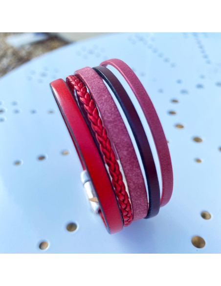 Bracelet cuir multirang tons rouges