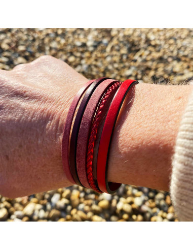 Bracelet cuir multirang tons rouges