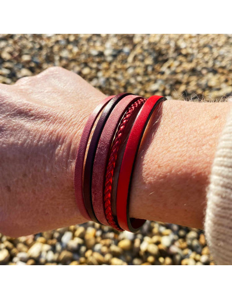 Bracelet cuir multirang tons rouges