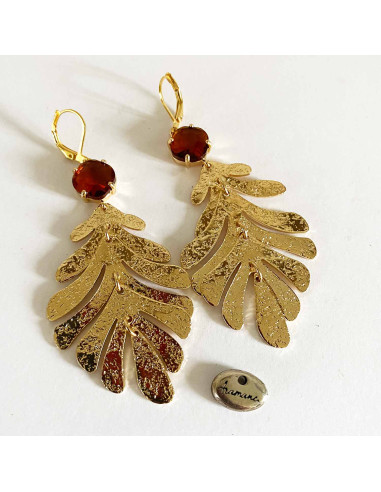 Boucles d'oreilles feuilles dorées et verre