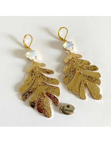 Boucles d'oreilles feuilles dorées et verre