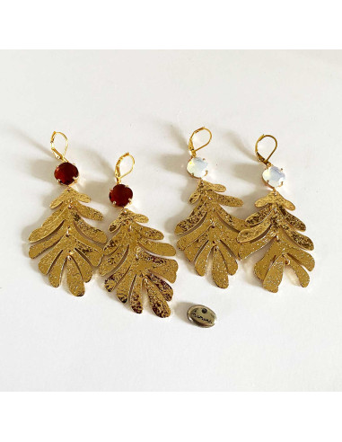 Boucles d'oreilles feuilles dorées et verre
