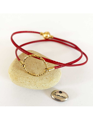 Bracelet anneau doré sur cuir agneau double tour