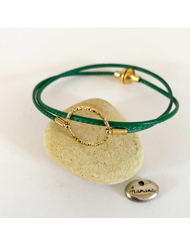 Bracelet anneau doré sur cuir agneau double tour