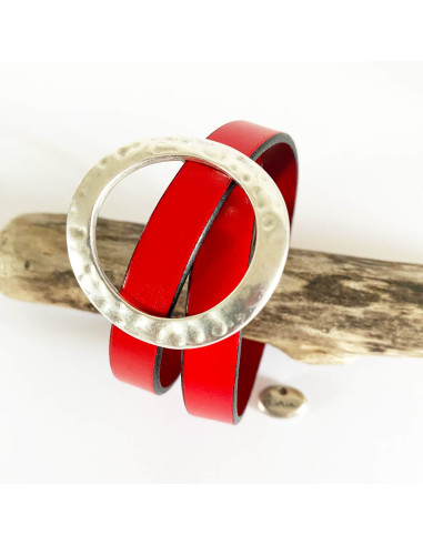 Bracelet cuir boucle plaqué argent martelé