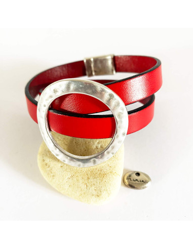 Bracelet cuir boucle plaqué argent martelé