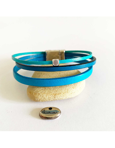 Bracelet 3 liens cuir tons bleus