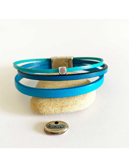 Bracelet 3 liens cuir tons bleus