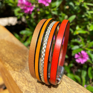 Bracelet manchette cuir 5 liens orange corail,moutarde,cuivre,doré sur fermoir aimanté