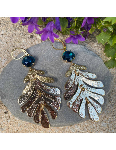 Boucles d'oreilles feuilles dorées et verre