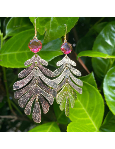 Boucles d'oreilles feuilles dorées et verre