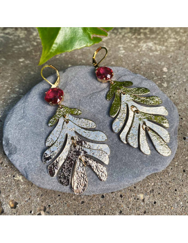 Boucles d'oreilles feuilles dorées et verre