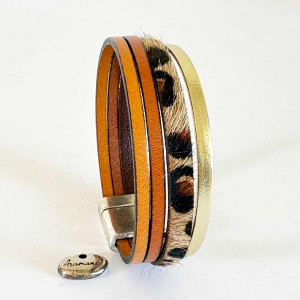 Bracelet manchette cuir brun,léopard et doré