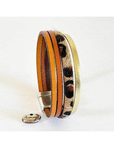 Bracelet manchette cuir brun,léopard et doré