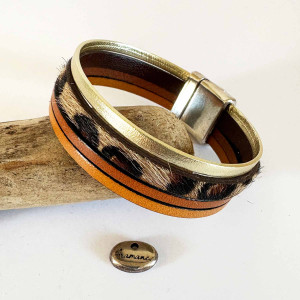 Bracelet manchette cuir brun,léopard et doré 2