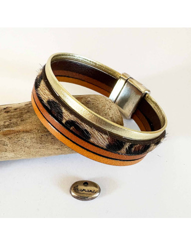 Bracelet manchette cuir brun,léopard et doré