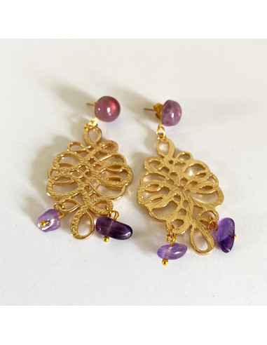 Boucles d'oreilles arabesques dorées et pierres...