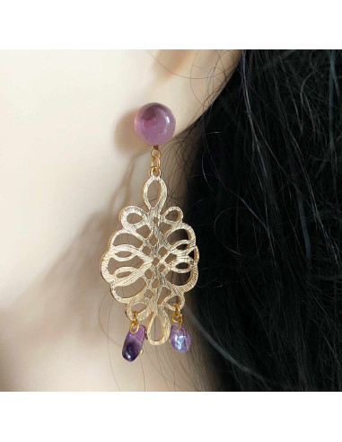 Boucles d'oreilles arabesques dorées et pierres...