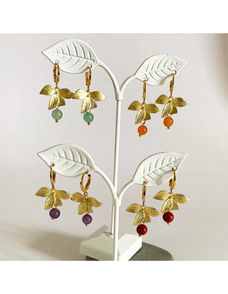 Boucles d'oreilles feuilles et pierres naturelles