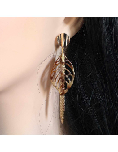 Boucles d'oreilles feuille et chaine