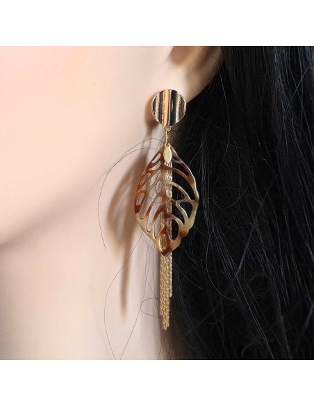 Boucles d'oreilles feuille et chaine