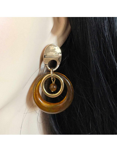 Boucles d'oreilles cercle brun et oeil de tigre