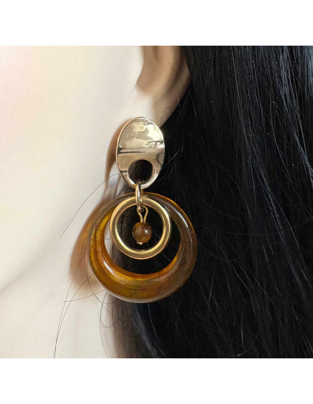 Boucles d'oreilles cercle brun et oeil de tigre
