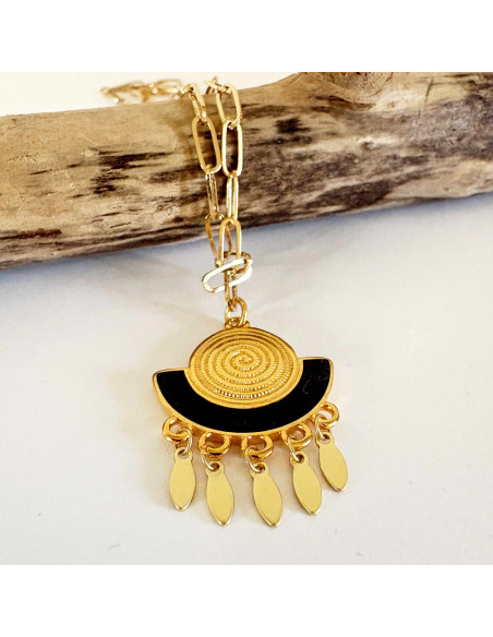 Collier ras de cou avec pendentif laiton doré, émail noir et pampilles dorées sur chaine trombone laiton doré