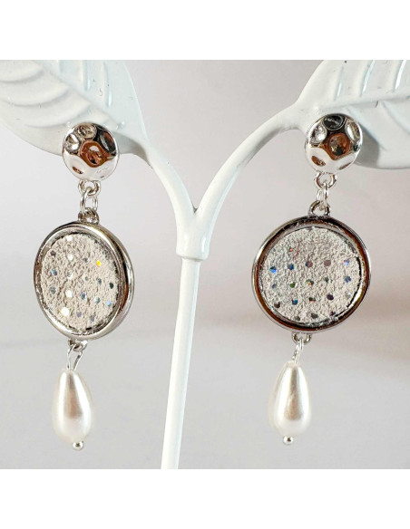Boucles d'oreilles ronds cuir et perle nacrée