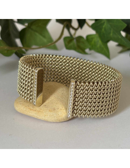 Bracelet manchette ouvert effet maille en acier inoxydable doré
