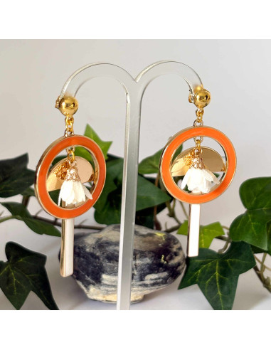 Boucles d'oreilles émail orange et blanc