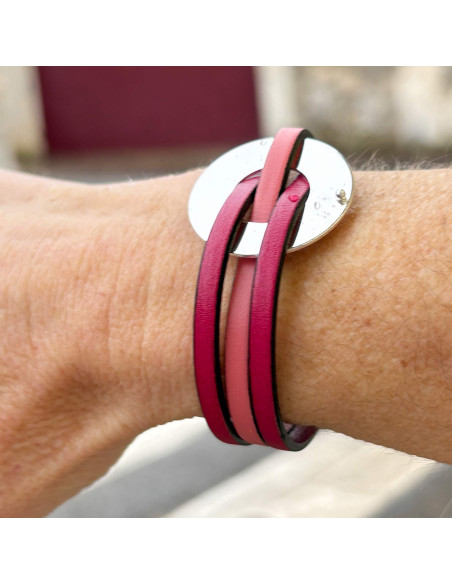 Bracelet cuir entrelas sur cercle argenté