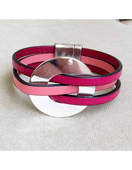 Bracelet cuir entrelas sur cercle argenté
