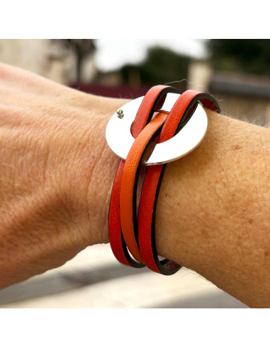 Bracelet cuir entrelas sur cercle argenté