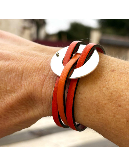 Bracelet cuir entrelas sur cercle argenté