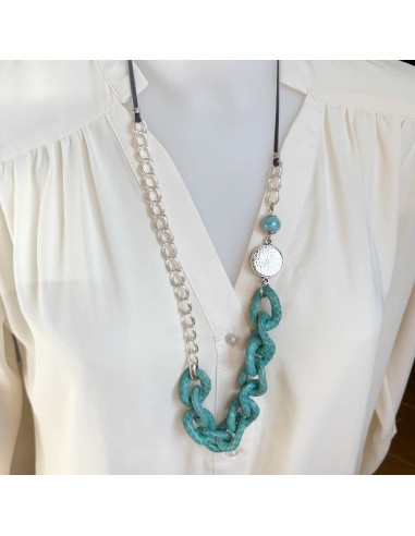 Collier long maillons cuir et chaine plaqué argent