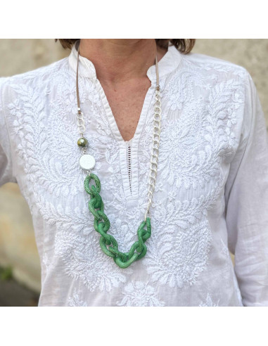 Collier long maillons cuir et chaine plaqué argent