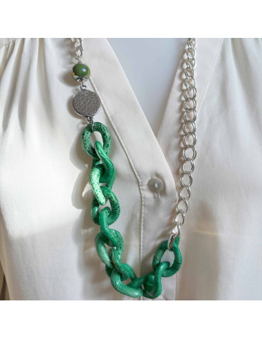 Collier long maillons cuir et chaine plaqué argent